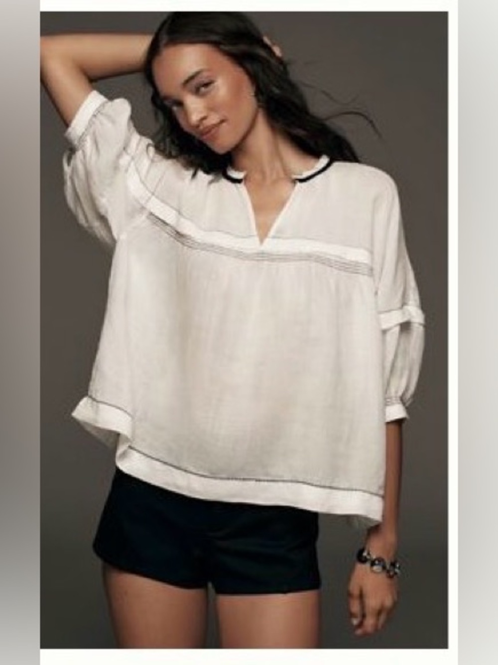 Maeve Balloon-Sleeve V-Neck Stitched Blouse